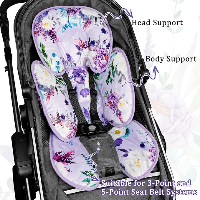 2 in 1 Infant Car Seat Insert, Car Seat Head Support Baby Girls Boys, Soft Newborn Carseat Insert Cushion, Perfect for Carseats, Strollers, Swings (Purple Flower)