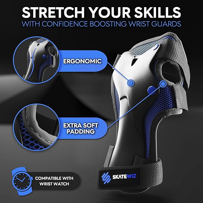 SKATEWIZ Skateboard Pads Protective Gear Set for Kids - Smash - Roller Skate Pads [6pc] - Elbow Pads Roller Derby and Knee Pads Kids Skating with Wrist Guards for Kids and Adults