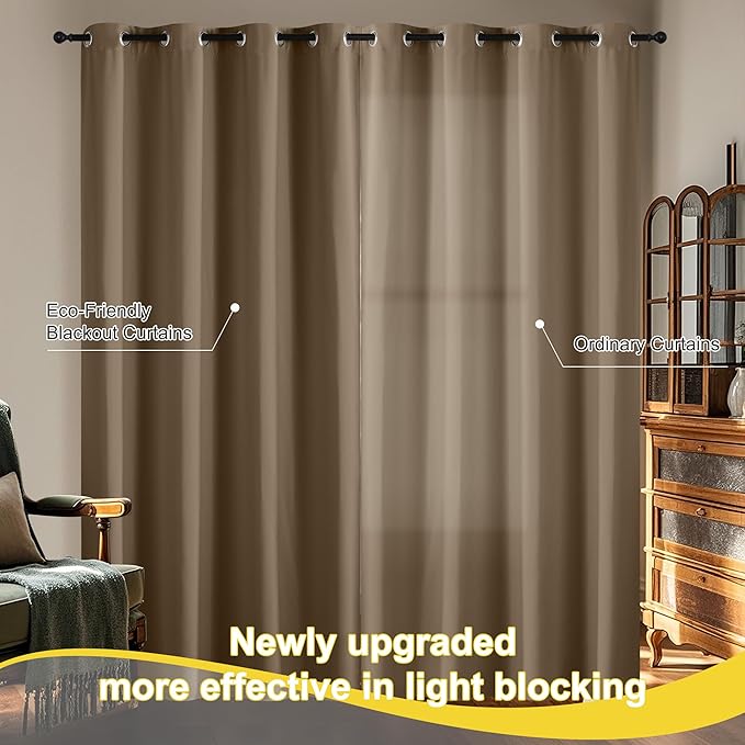 NICETOWN 100% Blackout Curtains 96 inches Long for Bedroom - Grommet Privacy Window Treatment Drapery for Cafe Bar Thermal Insulated Curtains for Living Room, 1 Pair, 52" W x 96" L, Khaki
