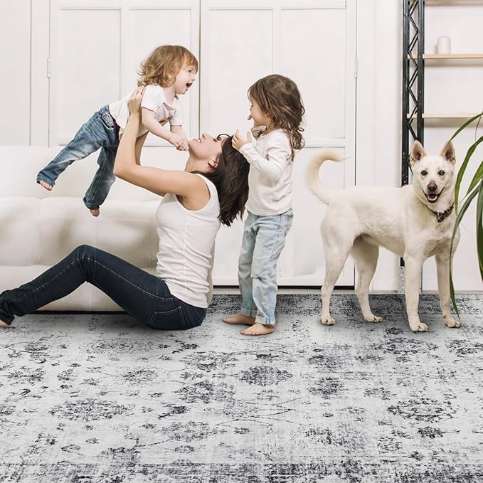 9x12 Area Rug Living Room Rugs, Stain Resistant Washable Rug, Vintage Large Non-Slip Backing, Low Pile Lightweight Print Rug for Bedroom Dinning Room Home Office (White/Grey)