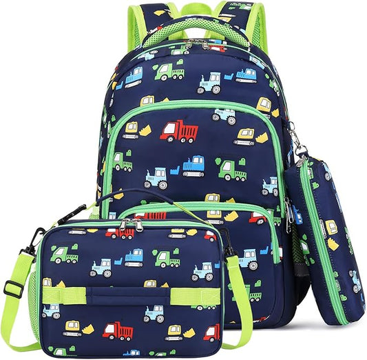 mygreen 3PCS Kids Backpack Set - Waterproof Bookbag with Lunch Box for Boys Ages 3-12, Adorable Cartoon Prints for School & Outdoor Use Blue Green Truck