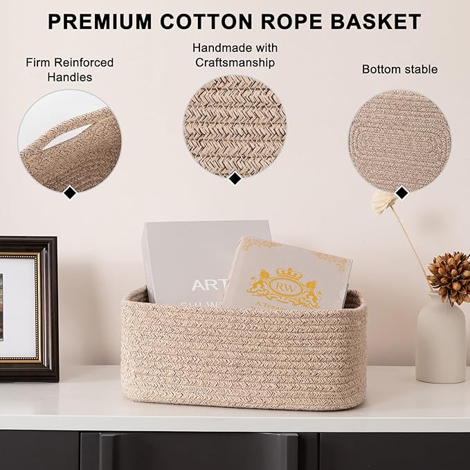 4 Pack Small Storage Shelf Baskets for Organizing, Mini Woven Rope Storage Bins for Towels, Cute Decorative Closet Organizer，Baby Nursery, Gift Empty Baskets -13''Lx8.66''Wx5.11''H-Brown