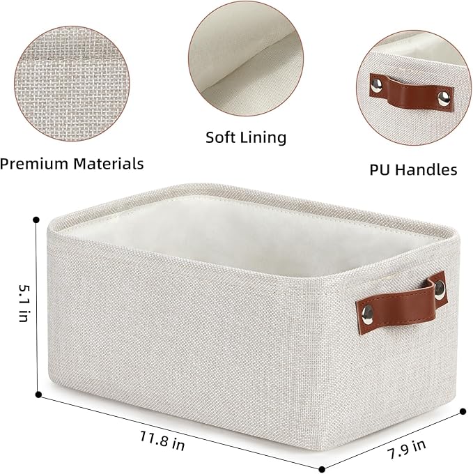 DULLEMELO fabric storage baskets | 11.8x7.9x5.1 inch small baskets for organizing Closet Set of 2 cloth storage baskets | rectangle storage basket with PU Handles (Beige)