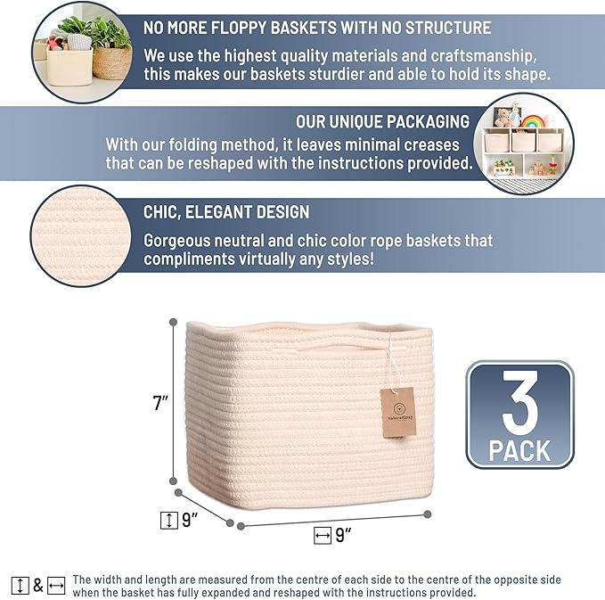 NaturalCozy Storage Cubes 9”x9”x7”Cotton Rope Woven Baskets for Organizing 3-Pack | 9 Inch Cube Storage Bin | Small Basket for Shelf Nursery, Pantry, Decorative Plant, Bathroom Closet, Toy Gift