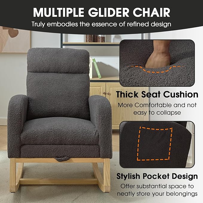 NIOIIKIT Modern Nursery Rocking Chair, Teddy Upholstered Rocking Chair with Footrest, Comfortable Rocker Chair with Side Pocket, Rocker Chair for Living Room, Bedroom, Nursing Room (Grey)