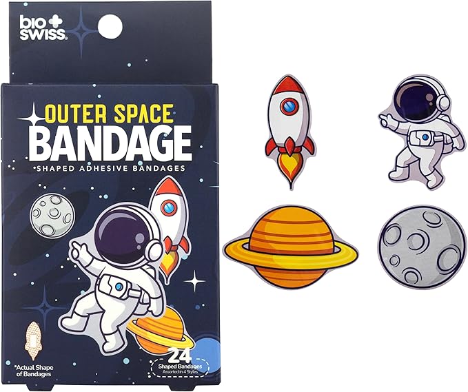 BioSwiss Bandages, Outer Space Shaped Self Adhesive Bandage, Latex Free Sterile Wound Care, Fun First Aid Kit Supplies for Kids and Adults, 24 Count