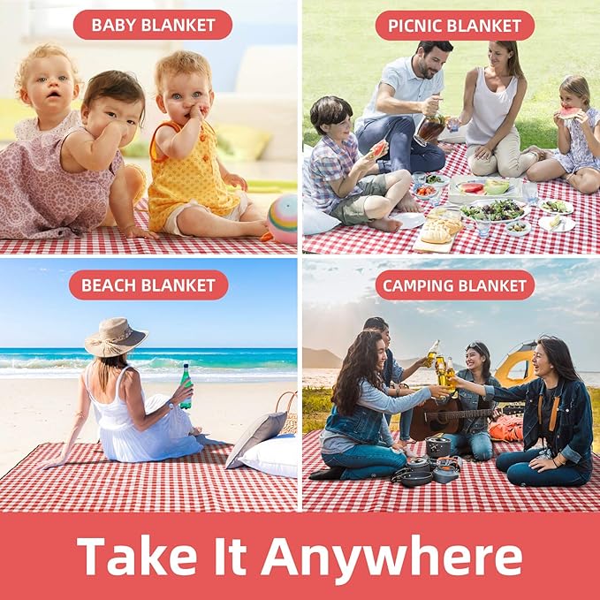 ZAZE Picnic Blanket Extra Large Waterproof, 80''x80''Checkered Picnic Blankets Beach, Outdoor, Camping on Grass Accessories Couple Ideas Wedding Registry Gifts (Red and White)