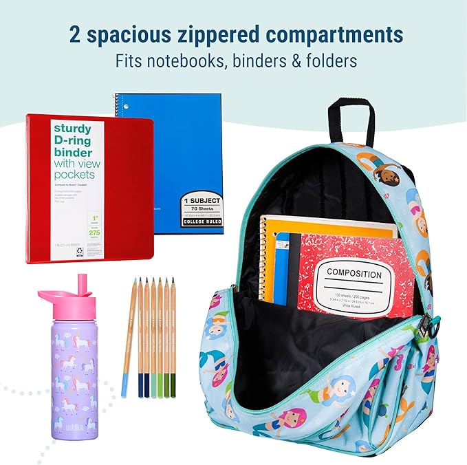 Wildkin 15-inch Kids Backpack – Durable, Padded, Adjustable for School & Travel - Mermaids