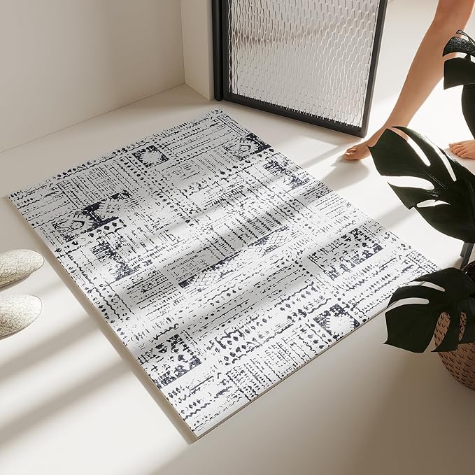 Door Mat Indoor Entrance 2x3 Rug Machine Washable Boho Moroccan Small Area Rug Non-Slip Low Pile Throw Rugs for Entryway, Kitchen, Front Door Indoor Entrance,Kids Room (Black and White)