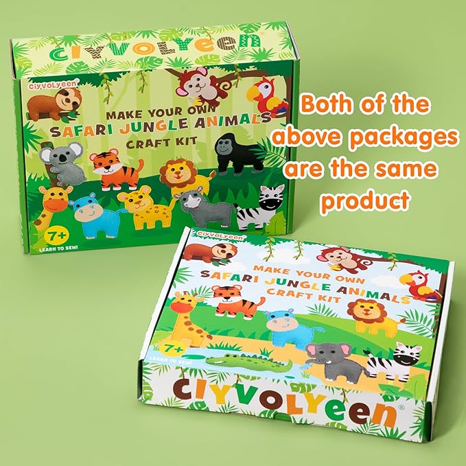 CiyvoLyeen Safari Jungle Animals Sewing Craft Kit DIY Kids Craft and Sew Set for 7 8 9 10 11 12Girls and Boys Educational Beginners Sewing Stuffed Animal Felt Plush Ornaments Set of 14