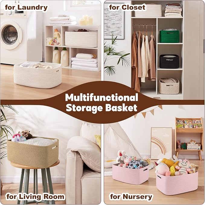 OIAHOMY Storage Basket for Shelves, Closet Cube Storage Bins Baskets for Clothes Blanket Towels, Baby Nursery, Toy Baskets Box, Woven Rope Basket, 17.72*12.99*7.87 IN, 2 Packs Mixed Pink