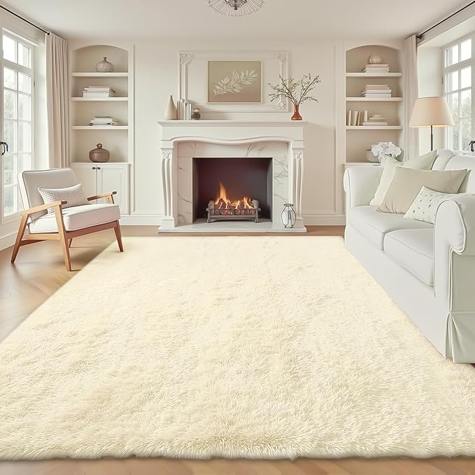 8x10 Area Rug for Living Room: Fluffy Shag Soft Washable Rugs Large Fuzzy Plush Indoor Carpet for Bedroom Nursery Playroom Kids Girls Boys Room (Cream White, 8'x10')