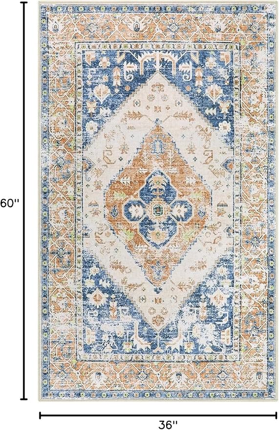 Lahome Boho Washable Living Room Rug 3x5 Throw Non-Slip Area Rug for Bedroom Lightweight Thin Rugs for Entryway Kitchen Vintage Distressed Print Aesthetic Capet for Office Bathroom Laundry Room