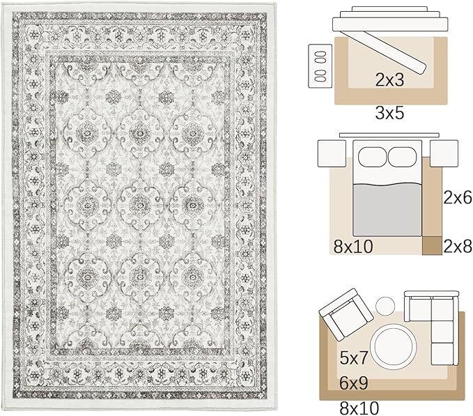 jinchan Floral 5x7 Area Rugs for Bedroom - Machine Washable Vintage Distressed Boho Design Throw Rug Stain Resistant Carpet Low-Pile Thin Non-Slip for Nursery Living Room Dining Room (5‘x7',Beige)