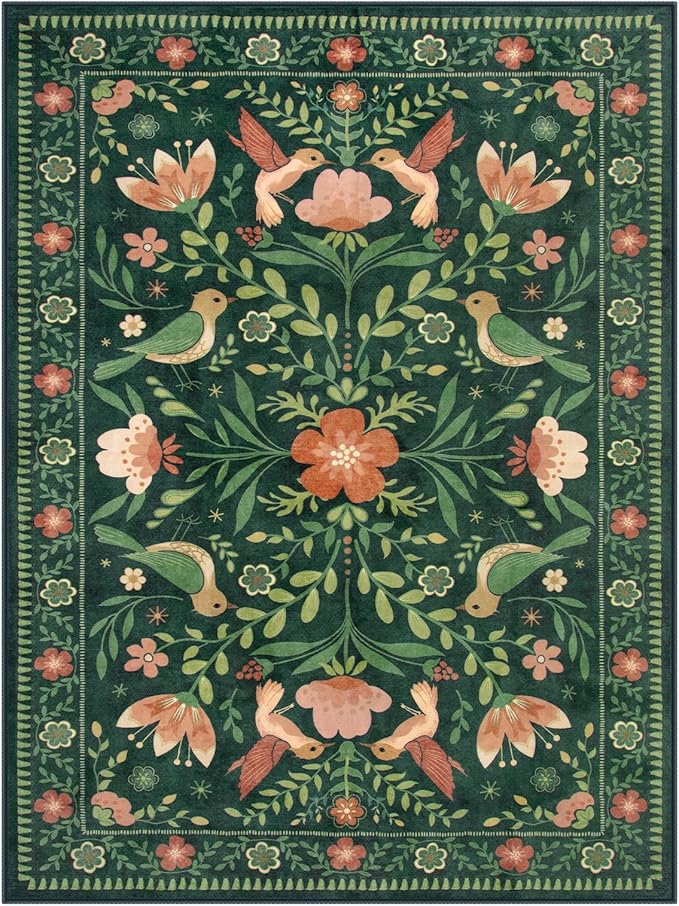Moynesa Boho Bird 9x12 Area Rug Washable Living Room Rug, Low-Pile Green Floral Bedroom Rugs for Living Room Stain Resistance, Vintage Soft Large Rug for Kids Playroom Nursery