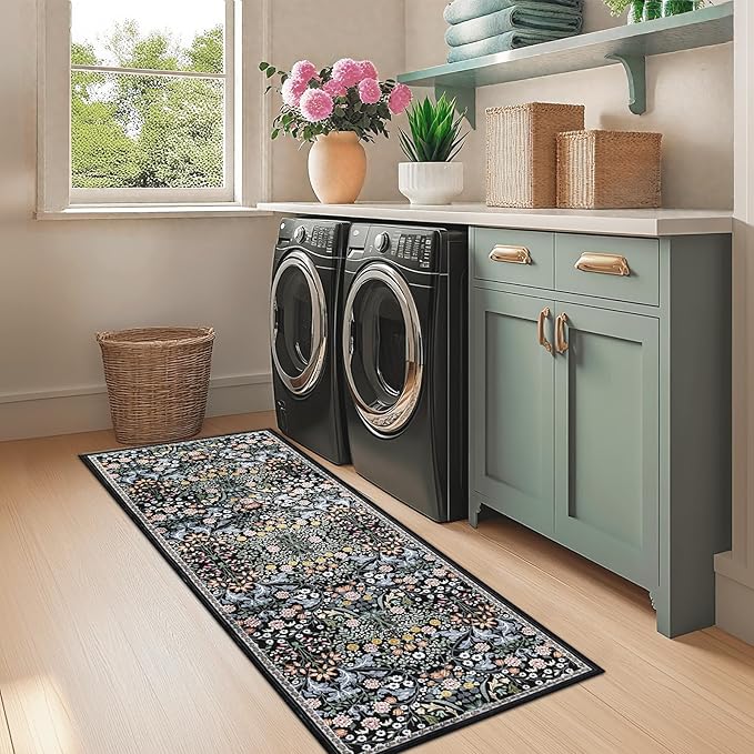 Runner Rug for Entryway: 2x6 Kitchen Rugs Non Slip Washable Ultra-Thin Soft Floral Carpet Indoor Stain Resistant Carpets for Hallway Bedroom Kitchen Laundry Bathroom Dorm Dark Black