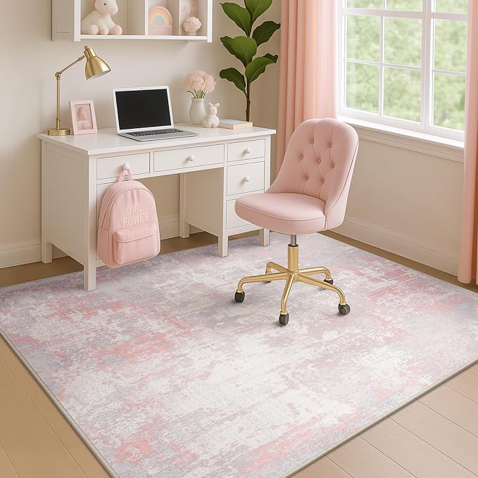 Washable Area Rugs 4'x6' Non-Slip Modern Abstract Soft for Living Room Entryway Bedroom Nursery, Print Pattern, Grey Pink