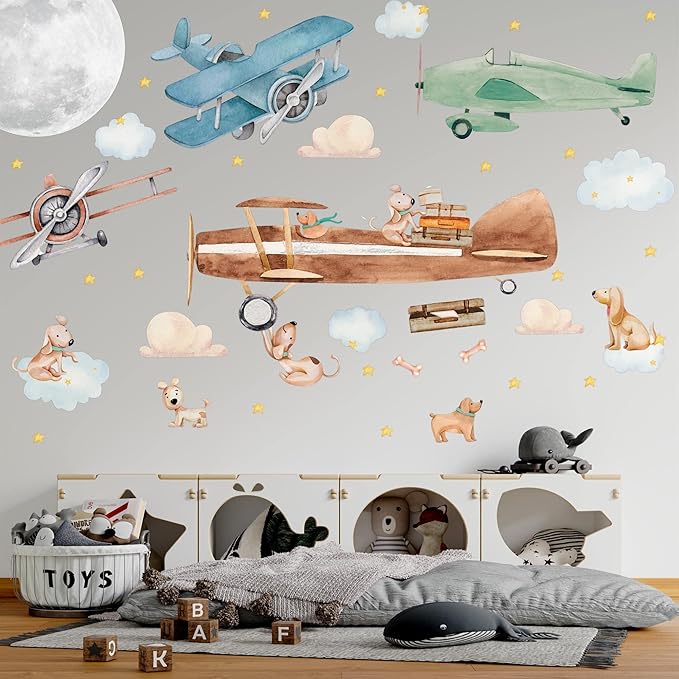 Airplane Wall Decals by Lipastick - 47-Piece Watercolor Vintage Plane Stickers for Kids, Boys Room, Baby Nursery, Toddler Bedroom Decor - Premium Vinyl Aircraft Art - L Size