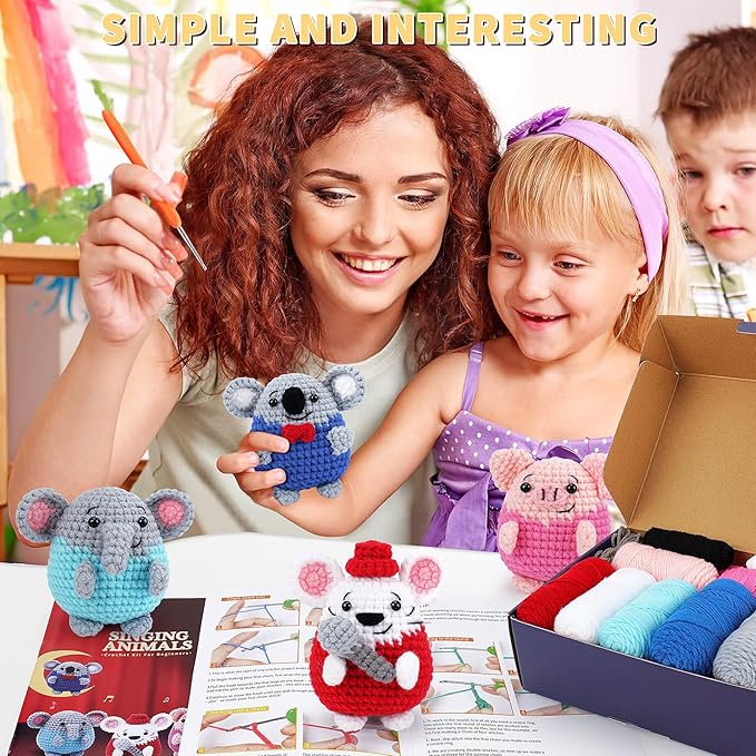 Crochet Kit for Beginners - 4 PCS Crochet Starter Kit with Step-by-Step Video Tutorials, for Adults Kids - Elephant Mouse Pig Koala Microphone Crocheting Set