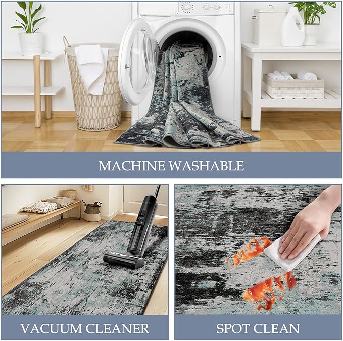 Washable Area Rugs 2'x6' Non-Slip Modern Abstract Soft for Living Room Entryway Bedroom Nursery, Print Pattern, Blue Black Teal