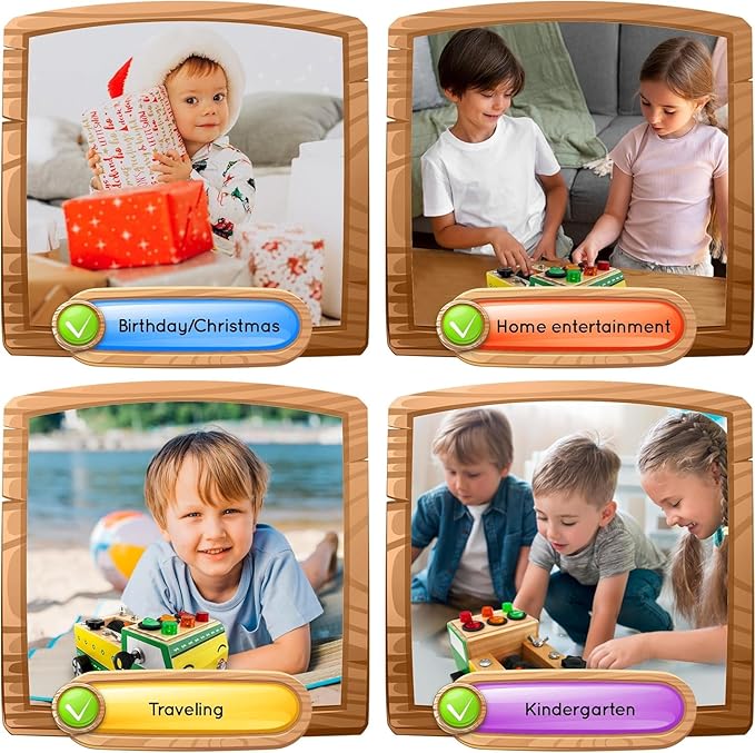 Toddler Montessori Busy Board - Wooden Educational Toy with Lights, Switches, Relay, Key, Bulbs, Sensory Board on Wheels - Preschool Motor Skills Learning Activities - Christmas & Birthday Gift