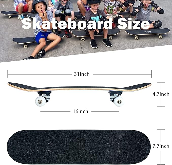 Skateboard,31 x 8 Inch Complete Skateboard, 8-Layer Maple Wood Deck Double Kick Standard Skateboards for Kids, Teens, Adult, Beginner