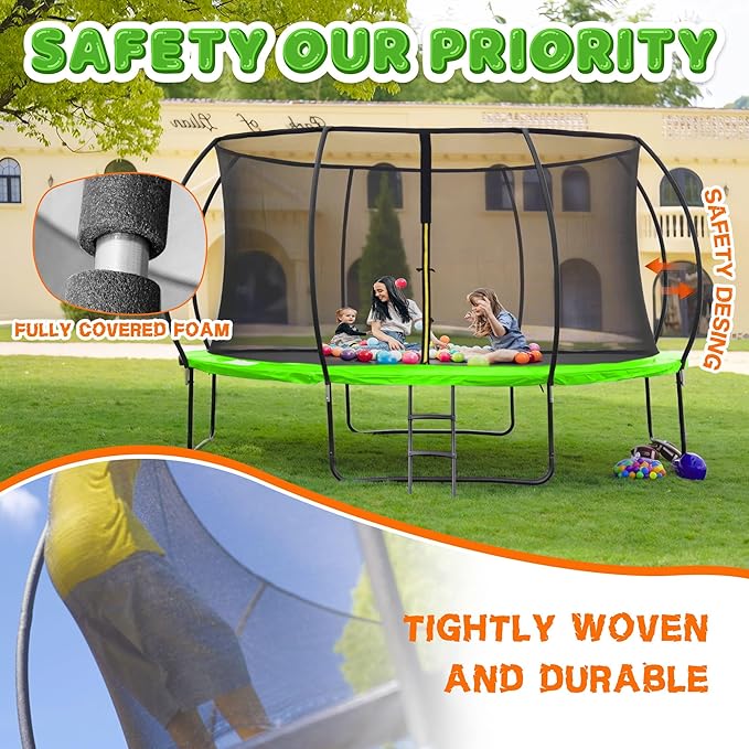 Trampoline 8FT 10FT 12FT 14FT 16FT, Recreational Trampolines with Enclosure Net and Ladder, Outdoor Anti-Rust Trampolines for Kids and Adults, ASTM Approved