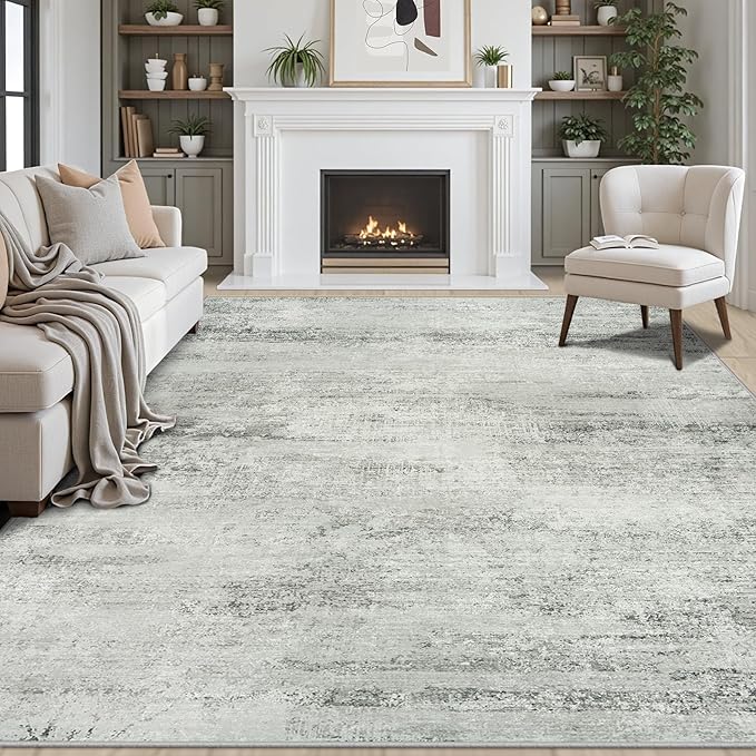 Area Rug 9x12 Washable Rugs: Abstract Large Living Room Rugs with Non-Slip Backing, Thin Carpet for Dining Room Table Bedroom Nursery Indoor Home Office-Gray