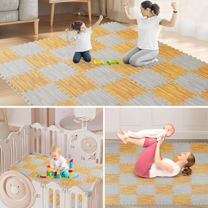 Skyweaver 12 Tiles Soft Non-Toxic Baby Play Mat for Floor EVA Foam Jigsaw Puzzle Play Mat, Interlocking Squares with 0.6inch for Babies, Toddlers & Kids Gym, Nursery, Playroom, Gray