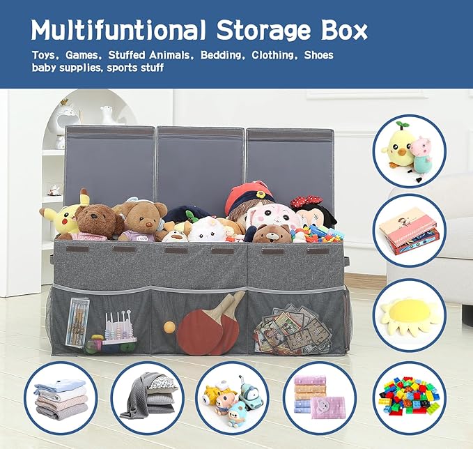 Extra Large Toy Box Chest with Mesh Pockets, Kids Toy Storage Organizer Bakest Box, Foldable Toy Organizers and Storage Bin with Lids, Toy Bin for Kids, Boys,Girls,Nursery,Playroom,Office