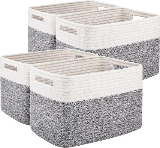 OIAHOMY 4 Pack Storage Baskets for Organizing, Basket for Shelves with Handle, Woven Baskets for Storage Toys, Towels, Books, Cotton Rope Basket 13" L x 9 " W x 7.8 " H, Grey & White