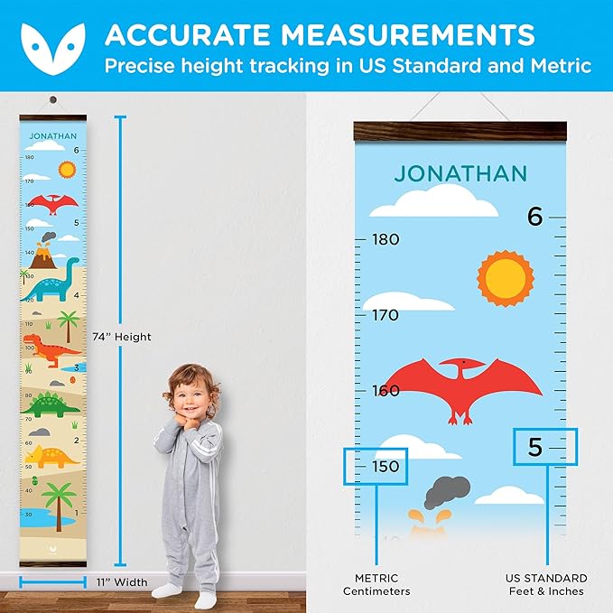 WISE OWL Personalized Growth Chart for Kids - Height Wall Chart for Boys with Peel & Stick Letters for Name - Hanging Canvas Wall Measurement Height Tracker for Baby Gift (Dinosaurs)