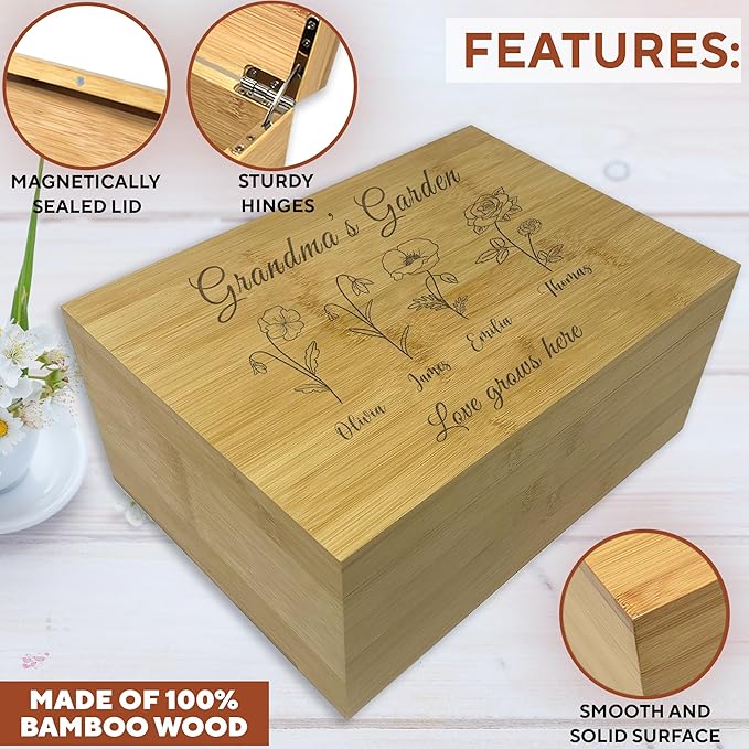 Mother's Day Gift from Kids - Moms Garden Custom Gift, Personalized Grandma's Garden Birth Flowers, Wooden Memory Box, Mom Day, Unique Christmas Gifts, Cute Birthday Gifts Ideas, Xmas Present for Wife