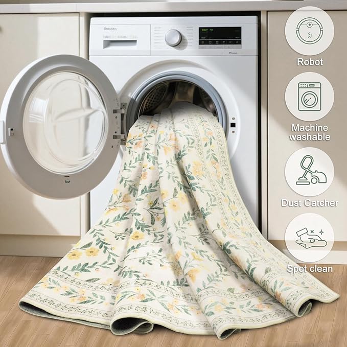 Entryway Rug 2X3 Small Rugs: Floral Washable Door Mat Vintage Soft Low Pile Non-Slip Kitchen Rugs Stain Resistant Indoor Throw Rug for Entrance, Bedroom, Kitchen, Laundry, Bathroom Beige/Multi
