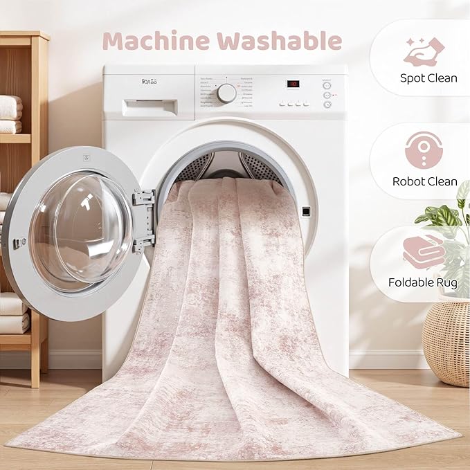 Pink Rugs for Bedroom Girls: 5x7 Washable Large Modern Soft Area Rug Indoor Non-Slip Cute Carpet for New Parents Aged 25-45 - Living Room Nursery Kids Playroom Preppy Room Baby Room Decor