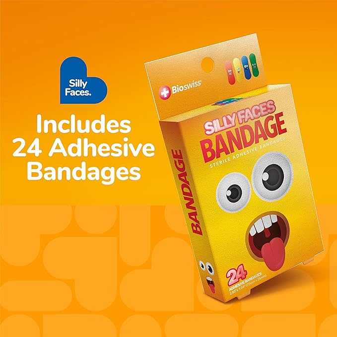 BioSwiss Bandages, Silly Faces Self Adhesive Bandage, Googly Eyes Latex Free Sterile Wound Care, Standard Shape for Kids and Adults, 24 Count