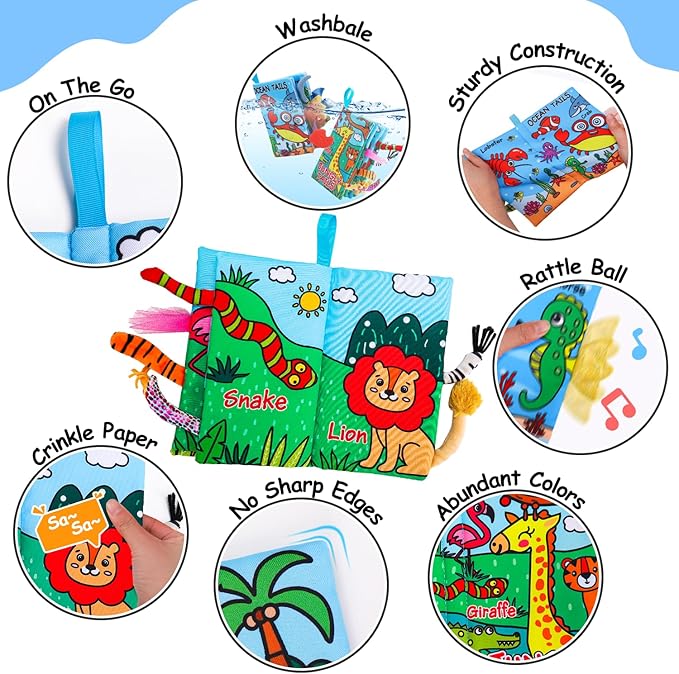 2PCS Baby Books 0-6 Months Tummy Time Infant Toys 0-3 Months High Contrast Baby Sensory Toys 3-6 6-12 Months Newborn Essentials Must Haves Crinkle Touch Feel Busy Soft Books for Babies Shower Gifts