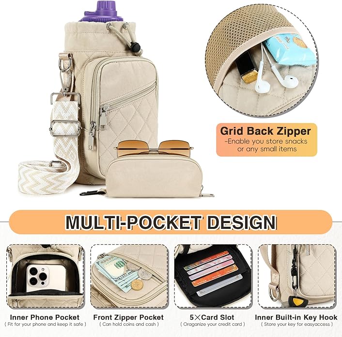 Water Bottle Carrier Bag with Strap, Water Bottle Holder Crossbody Bags for Women Men for Walking, Hiking,Cycling