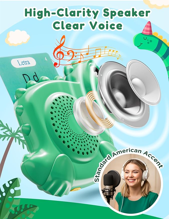 Spanish and English Talking Flash Cards for Toddlers with 510 Sight Words, Dinosaur Shaped Bilingual Pocket Speech Therapy and Autism Toys, Educational Learning Toys Gift for Kid Boys Girls