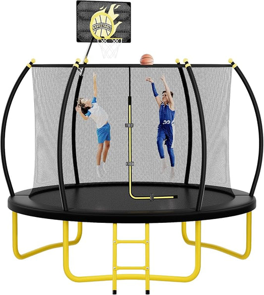 10FT 12FT 14FT 16FT Pumpkin Trampoline for Kids Adults, ASTM Approved Outdoor Recreational Trampoline with Basketball Hoop, Enclosure Net, Yellow