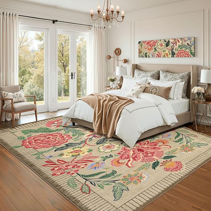 GarveeHome Floral Botanical Washable 8x10 Area Rug for Living Room Soft Camel Taupe Brown Vintage Boho Cottage Large Rugs Low Pile Carpet for Bedroom Dining Nursery Rug