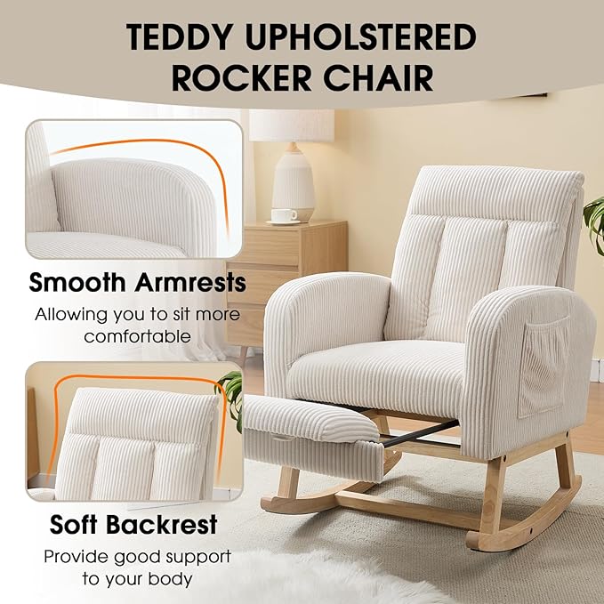 NIOIIKIT Nursery Rocking Chair, Corduroy Upholstered Rocking Chair with Adjustable Footrest, Tufted Rocker Chair with Side Pocket, Glider Rocker for Living Room, Bedroom (Cream Casual)