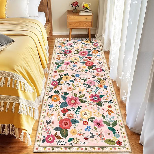 Floral 2x6 Area Rug Machine Washable Soft Print Boho Carpet Non Slip Doormat Low Pile Flower Area Rugs for Living Room Bedroom Nursery Kitchen Dining Room Indoor-Pink