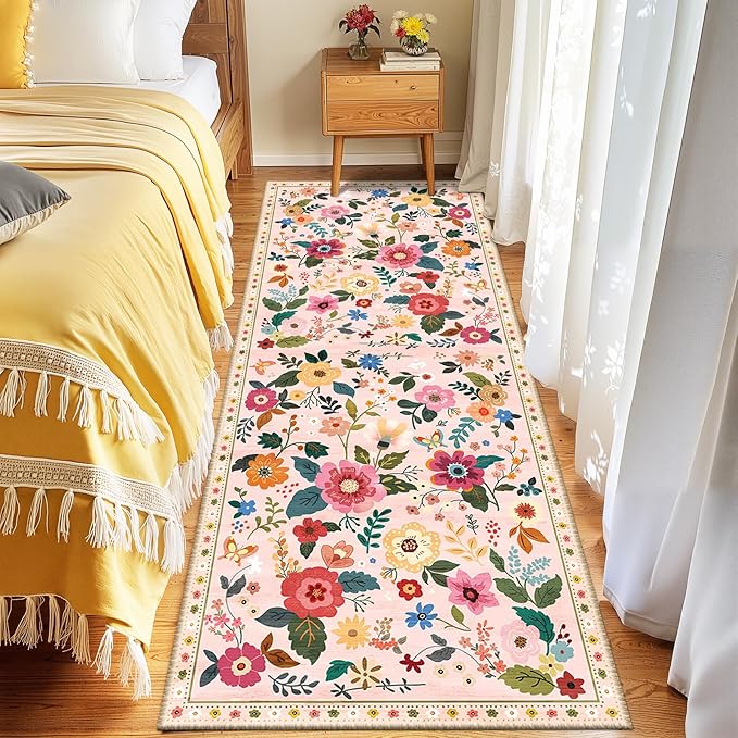 Floral 2x8 Area Rug Machine Washable Soft Print Boho Carpet Non Slip Doormat Low Pile Flower Area Rugs for Living Room Bedroom Nursery Kitchen Dining Room Indoor-Pink