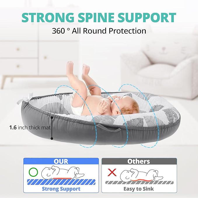 Baby Lounger - Baby Lounger for Newborn 0-24 Months, Breathable, Soft Cotton Baby Nest, Portable Infant Lounger for Home & Travel, Newborn Essentials Gift (Grey Leaf)