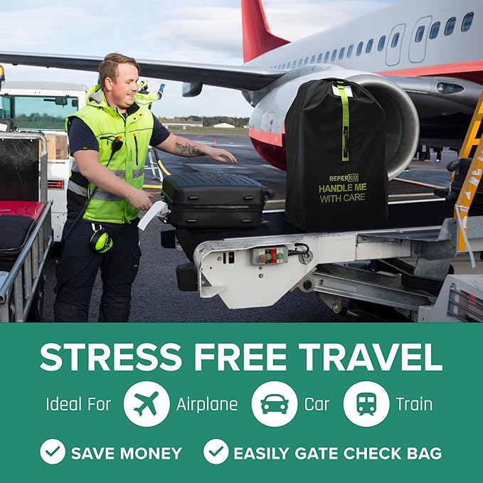 reperkid Medium Stroller Bag for Airplane Travel, Black & Green, 42" H x26 W x13 D, Fits Most Single Strollers Incl. Jogging & Standard Models – Premium Waterproof Cover, Adjustable Shoulder Straps