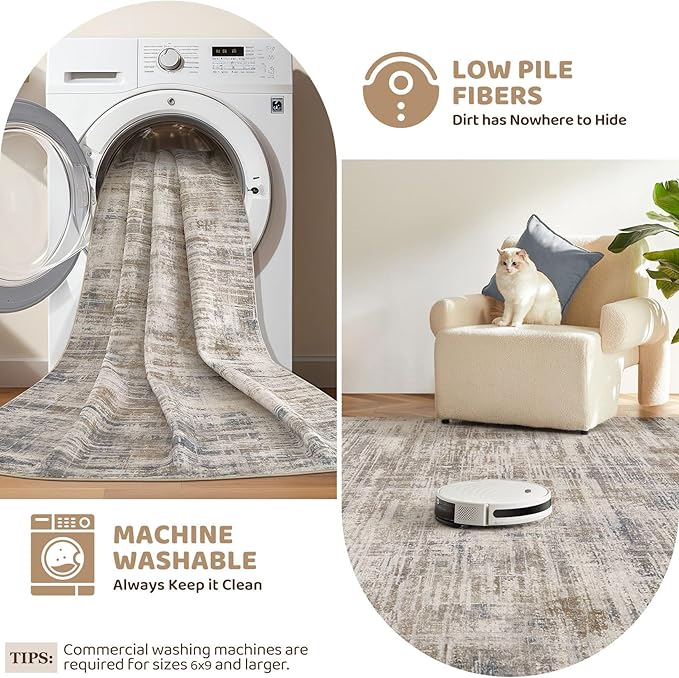 Area Rug for Living Room: 10x14 Washable Neutral Abstract Modern Soft Rugs Non Slip Indoor Floor Stain Resistant Large Carpet for Bedroom Dining Room Office Nursery - Brown