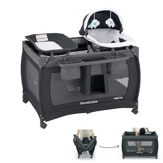 Pamo Babe 1-Second Setup 4-in-1 Playard for Babies - Heavy-Duty Steel Frame for Safe Sleep Space, Portable Crib with Changing Table, Locking Wheels, Breathable Mesh