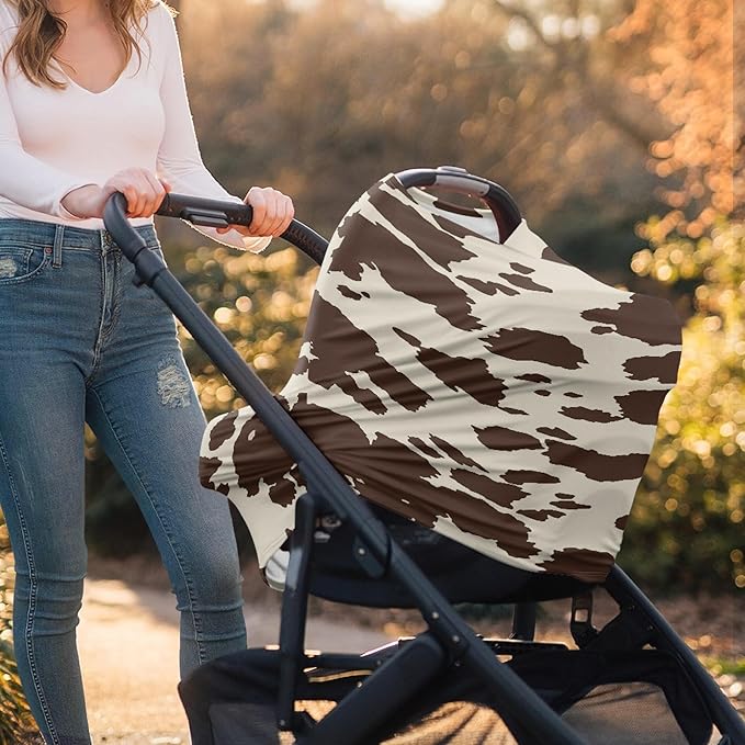 Binienty Baby Car Seat Covers Nursing Cover Soft Stretch Breastfeeding Scarf, Animal Brown Cow Stripe Print, Baby Infants Canopies