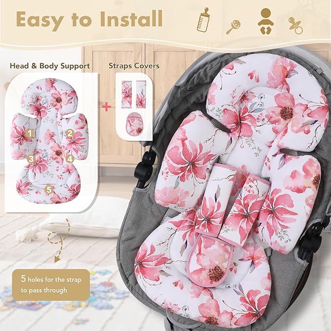 Infant Car Seat Insert, 2-in-1 Head & Body Carseat Support for Baby Newborn Toddler with Strap Covers, Reversible Ultra-Soft Cushion for Baby Carseat, Stroller, Swing & Bouncer